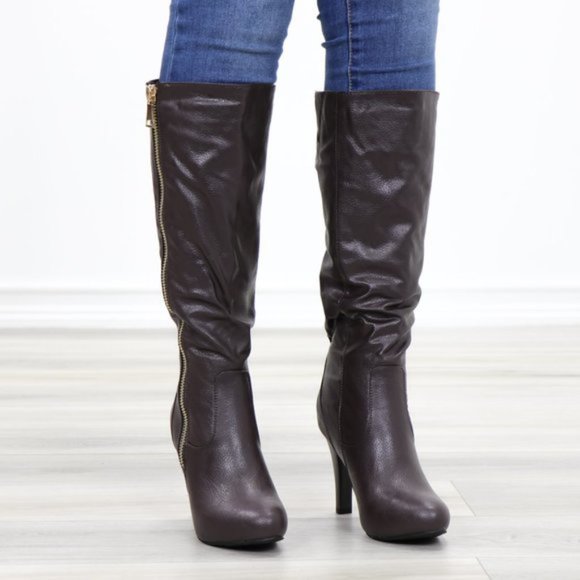 Brown Heeled Knee High Boots Faux Leather - Picture 11 of 14